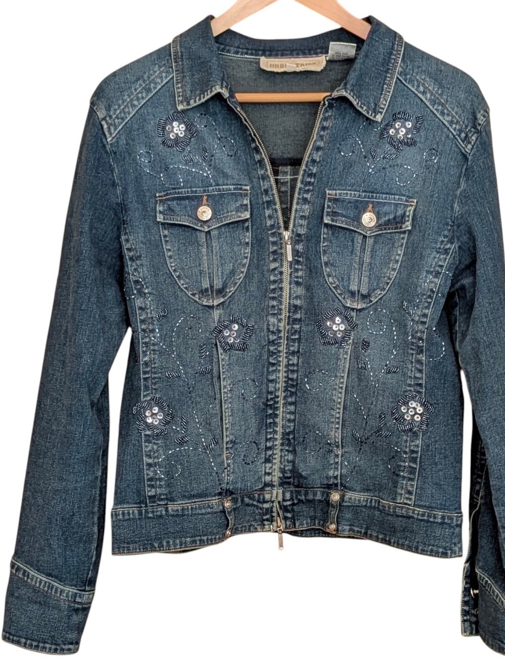 Urban Tribe Dark Blue Floral Embroidered Beaded Denim Jacket M Western Casual